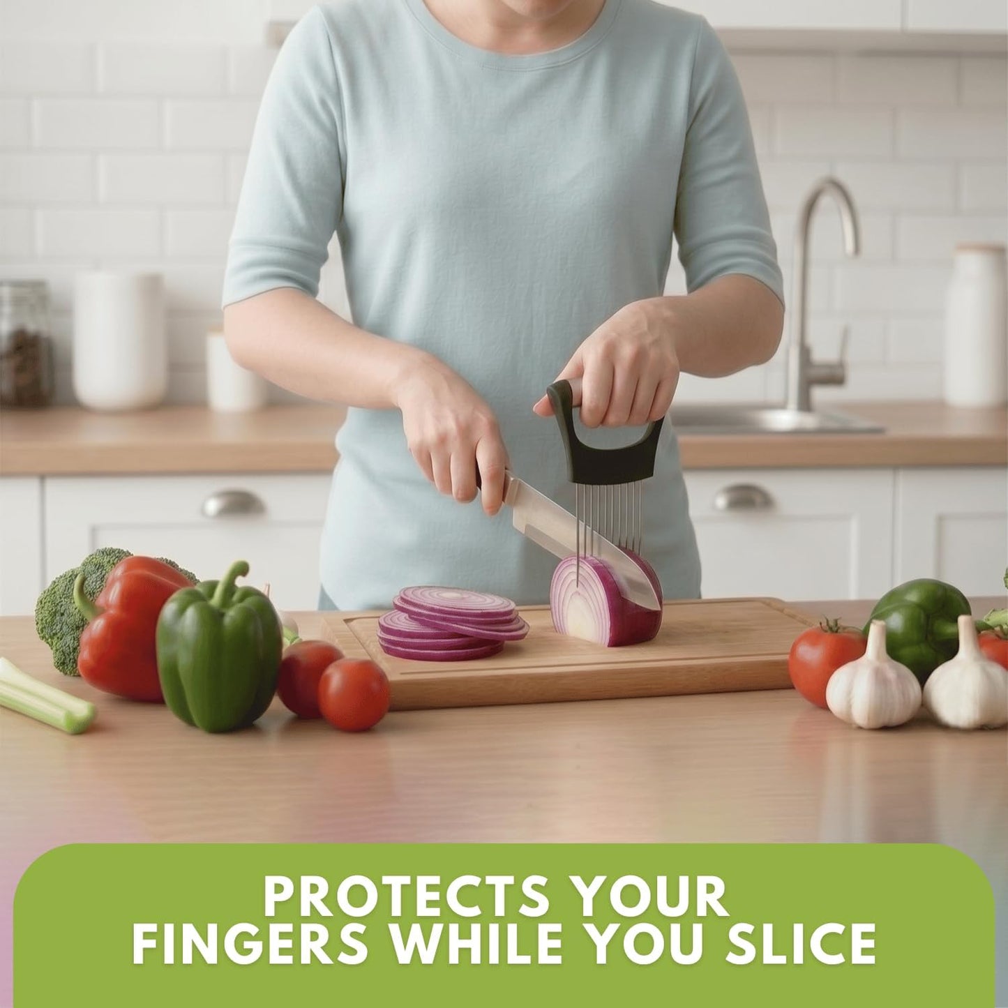 Onion Holder for Slicing, Stainless Steel Onion Cutting Guide with Finger Protector – Vegetable Prep Tool with Bonus Peeler for Safe, Even Slices