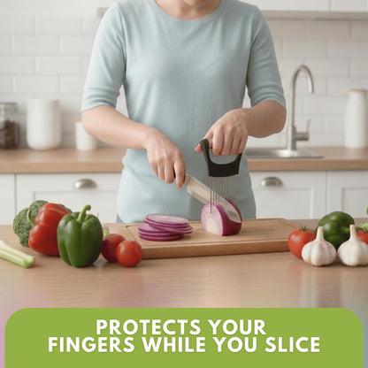 Onion Holder for Slicing, Stainless Steel Onion Cutting Guide with Finger Protector – Vegetable Prep Tool with Bonus Peeler for Safe, Even Slices