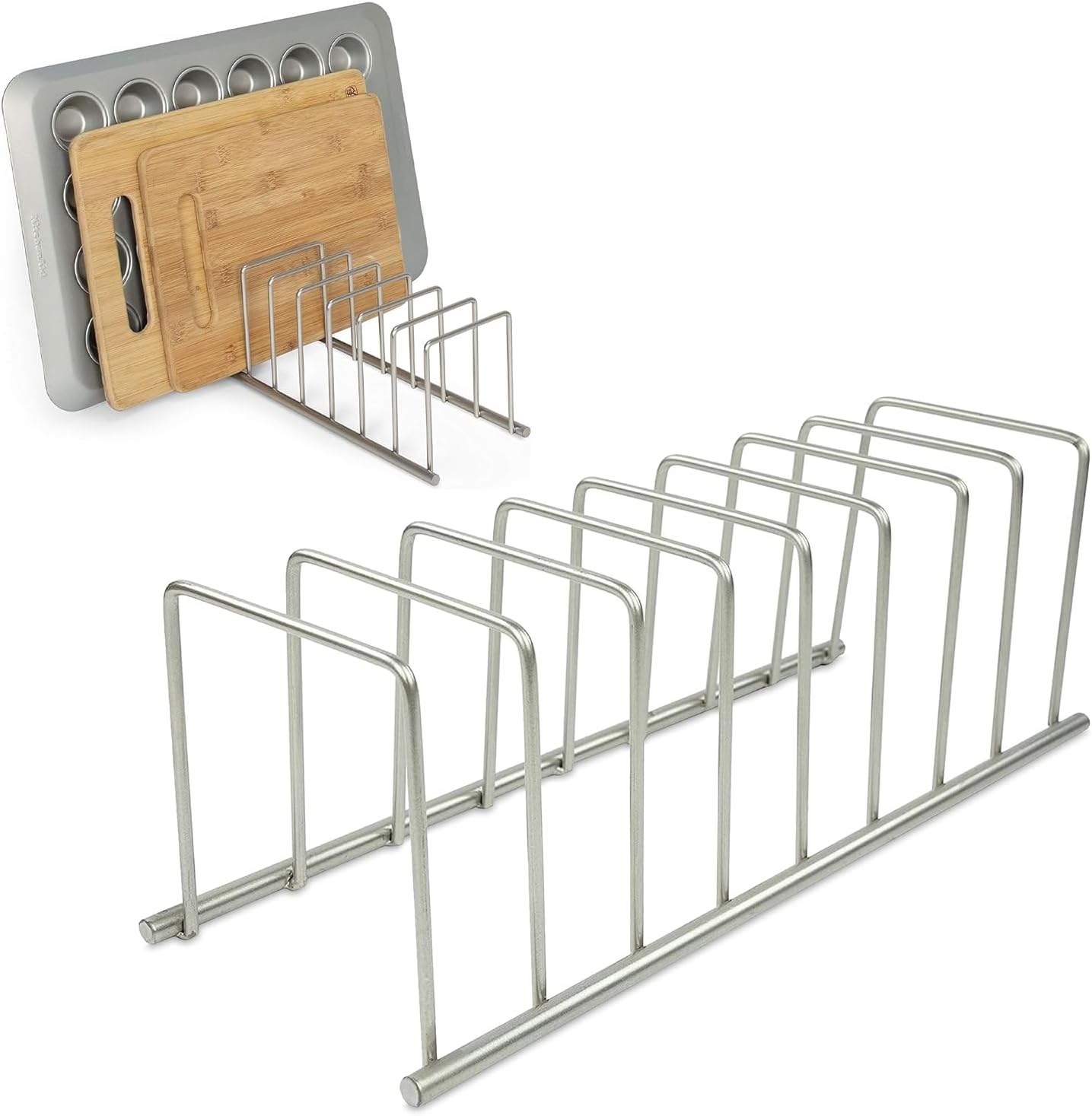 Spectrum Euro Kitchen Organizer Metal Dish Rack Cutting Board Holder Stand for Countertop or Inside Cabinet Organization, 8 Slot Cutting Board Plate Drying Rack for Bakeware Storage, Satin Nickel
