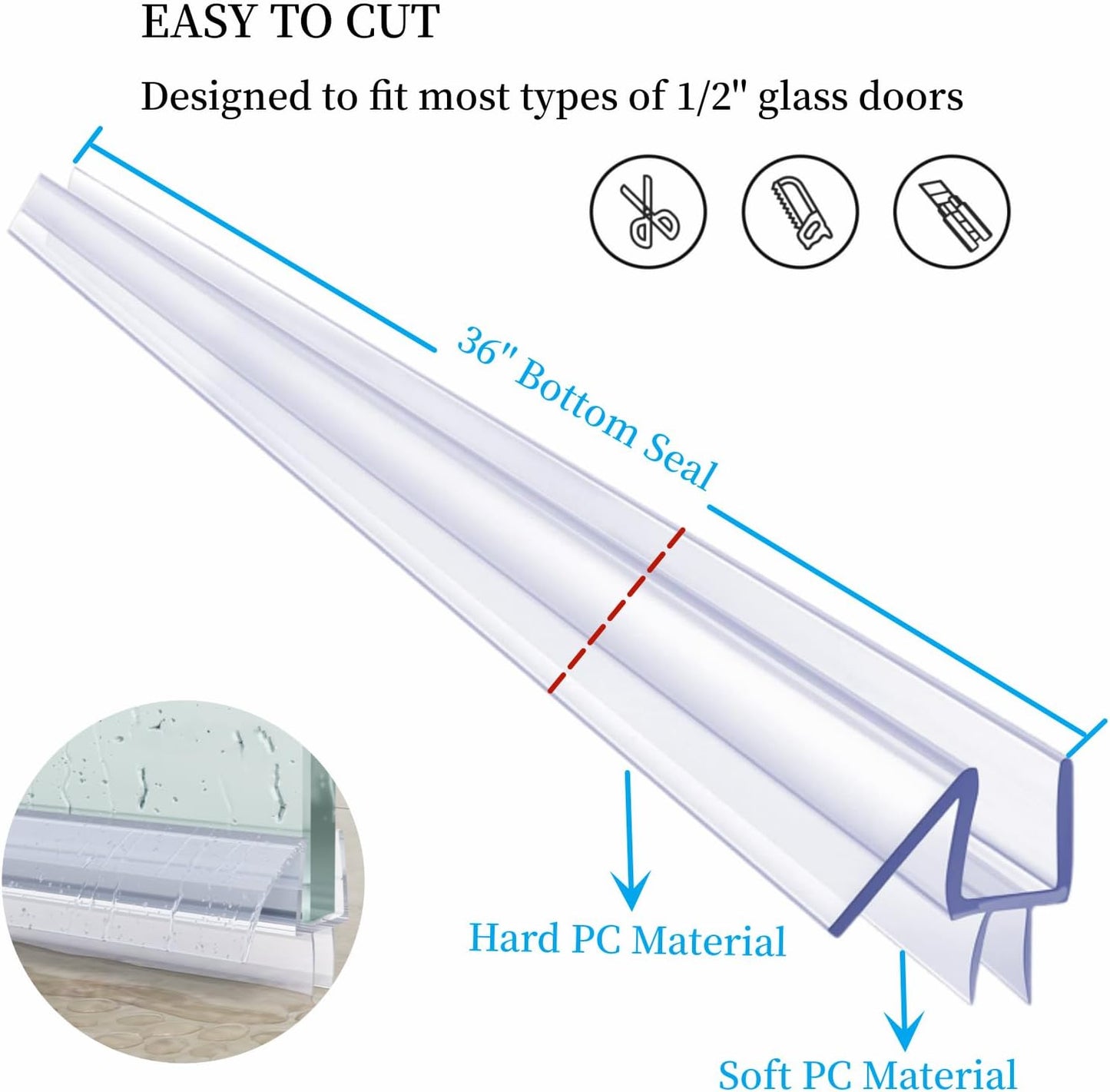 Shower Door Bottom Seal Strip 36 inches, 1/2" (12mm) Glass, 1 Pack | Frameless Shower Sweep Seal, Ultra Clear, Transparent, Polycarbonate