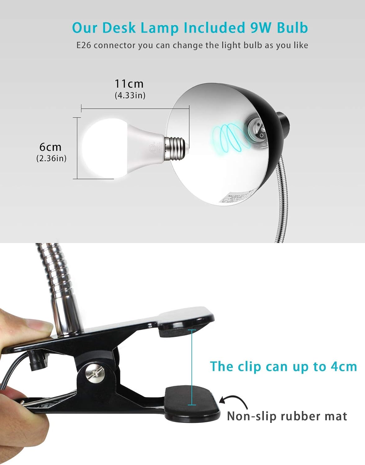 Desk lamp Eye-Caring Table Lamps, 360°Rotation Gooseneck Clip on Lamp Reading Light Portable Reading Book Light Clamp Study Desk Lamps for Bedroom and Office Home Lighting (White)