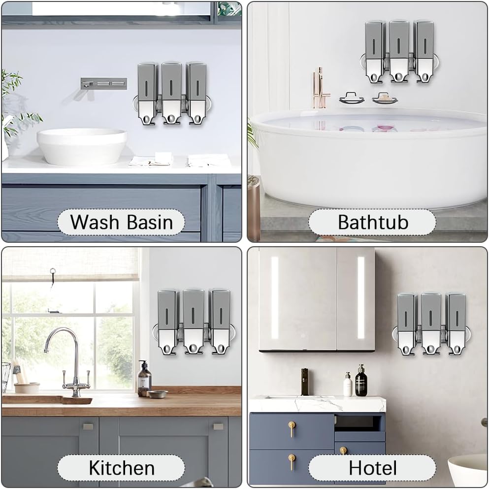 3 in 1 Chamber Wall Mounted Shampoo and Conditioner Dispenser (Silver) | No Drill Shower Soap Dispenser for Bathroom & Hotel Leak-Proof Pumps, Easy Installation and Large Capacity