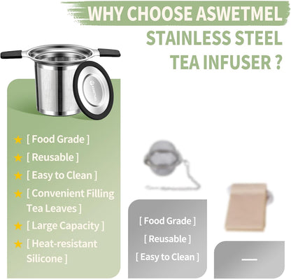 Tea Infuser Strainers, Stainless Steel Loose Leaf Tea Strainer Stepper with Heat Proof Double Handles, Extra Fine Mesh Ball Infusers, Diffuser Holder Filter for Mugs, 1PC