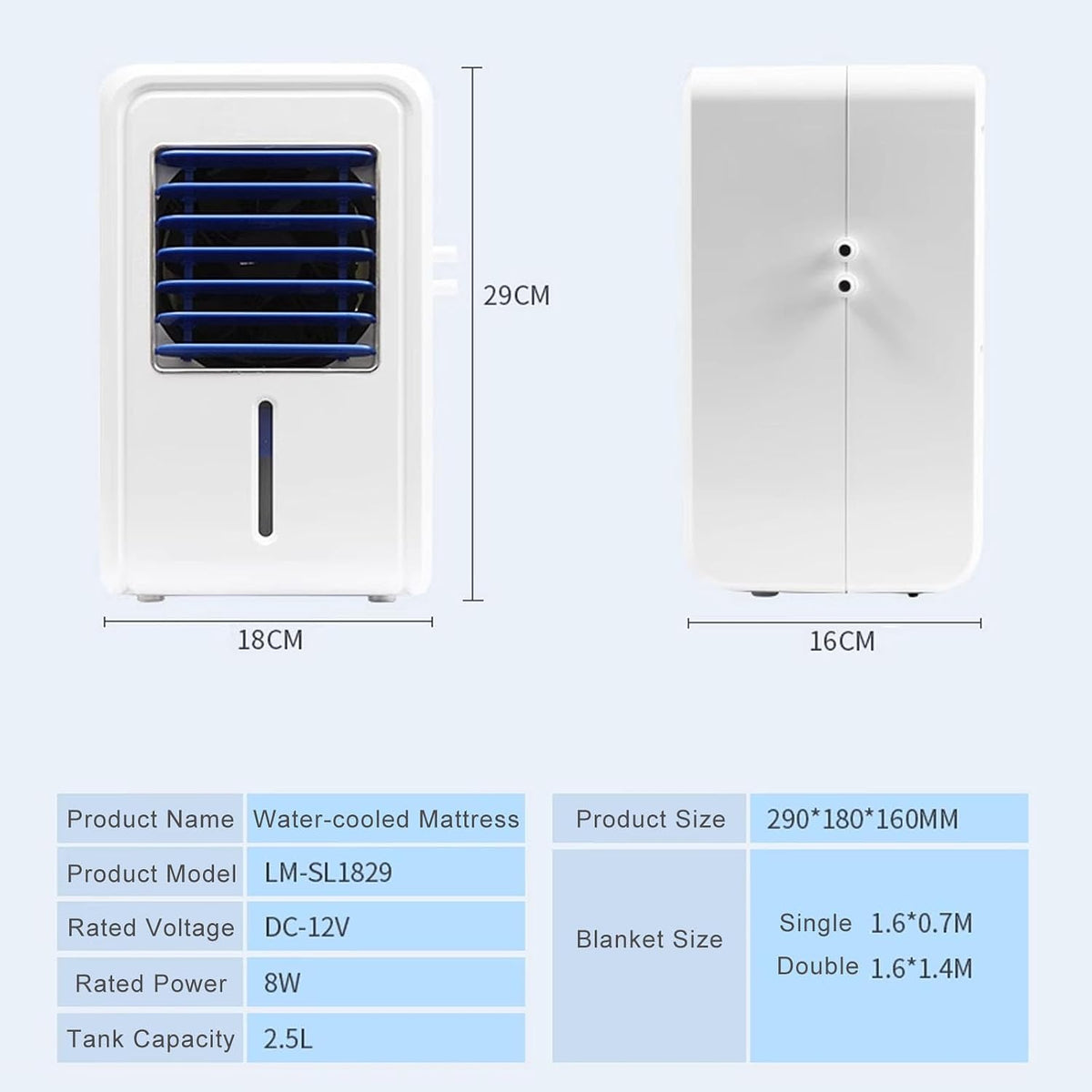 Portable Bed Cooling System Fan - 4 Wind Speed & Maximum Fan Speed 2500 rpm - Electric Water-Cooled Mattress, for/Bedroom/Desk/Room/Tabletop (Black, Double)