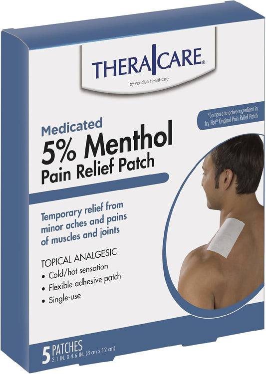 Thera Care 5% Menthol Medicated Patch, 5 Count | Cold Hot Sensation for Neck, Shoulder & Small Areas, 4.6” x 3.1”, Flexible Stay-On Adhesive