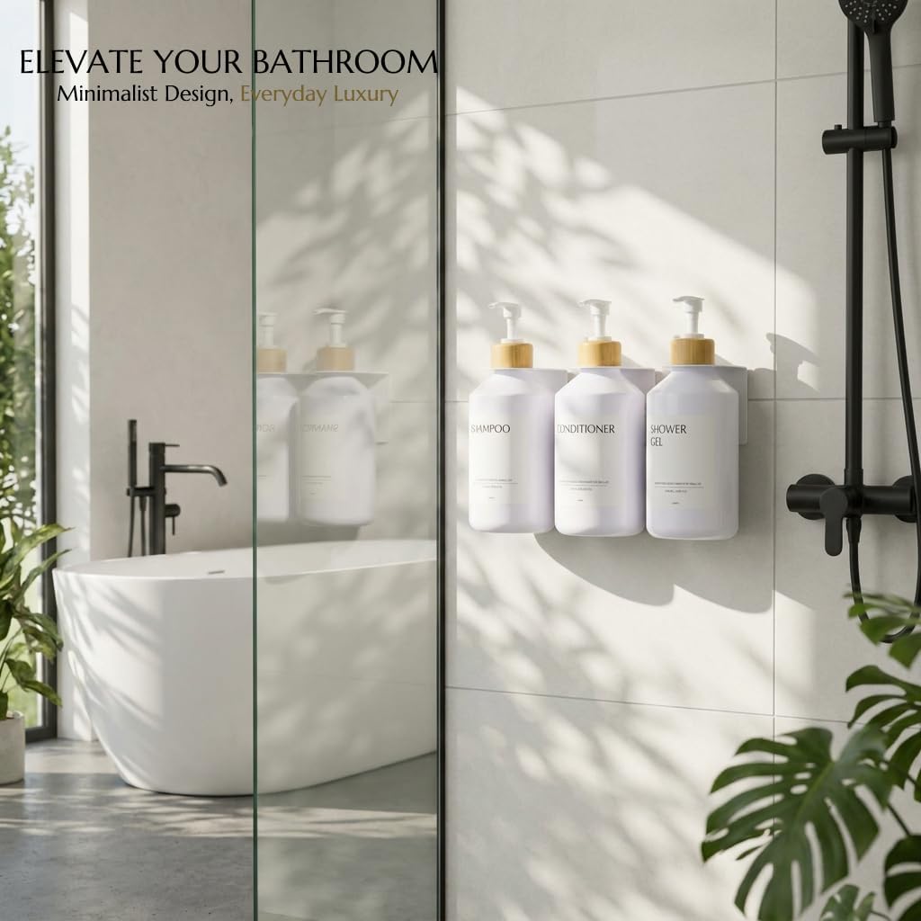 Shampoo and Conditioner Dispenser Set of 3 for Wall Mount | 16.9 fl oz Drill Free Shower Soap Bottles,Refillable Body Wash Dispensers for Bathroom Decor (Amber Bottles + Bamboo Pumps)