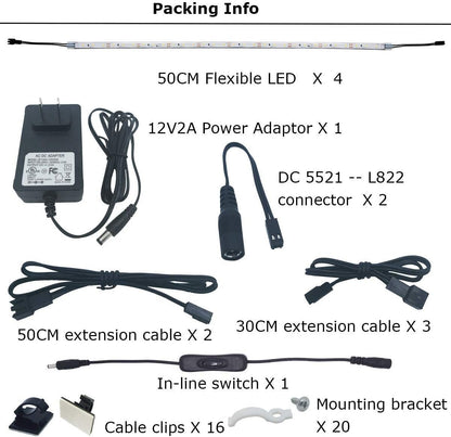 Motion Sensor Detection LED Light Strip Kit. Plug in. Perfect to Work as Motion Activated Lighting for Under Cabinets Closets Wardrobe Hallway Stairs Beds Kitchen. 4-Flex-Strip. Warm White 2700K.