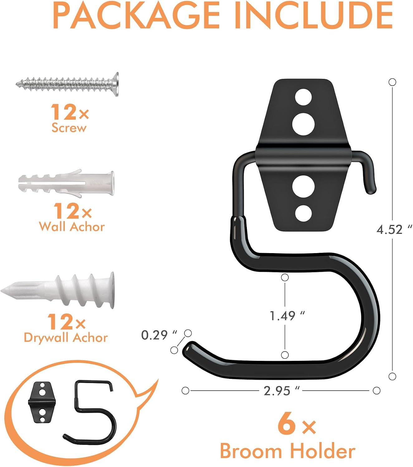Broom Holder Wall Mount, 12Pack Tool Hangers Garage Wall Hanging Organizer | Heavy Duty Rubber Coated Steel, Large S Garage Hooks for Mop Shovel Rake Shed Garden Lawn Yard Handle Tools Organization