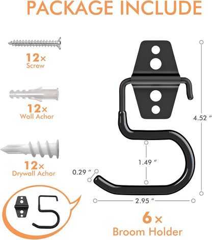 Broom Holder Wall Mount, 12Pack Tool Hangers Garage Wall Hanging Organizer | Heavy Duty Rubber Coated Steel, Large S Garage Hooks for Mop Shovel Rake Shed Garden Lawn Yard Handle Tools Organization