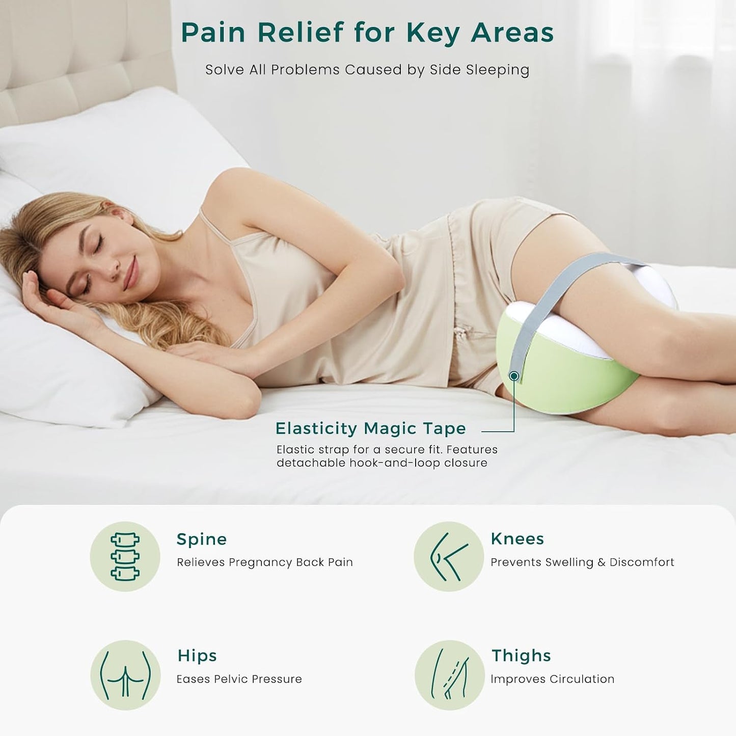 Knee Pillow for Side Sleepers, Leg Pillow with Adjustable Hook & Loop Strap & Removable Washable Cover for Spine Alignment, Sciatica, Hip & Back Pain Relief