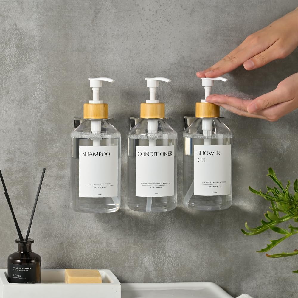Shampoo and Conditioner Dispenser Set of 3 for Wall Mount | 16.9 fl oz Drill Free Shower Soap Bottles,Refillable Body Wash Dispensers for Bathroom Decor (Amber Bottles + Bamboo Pumps)