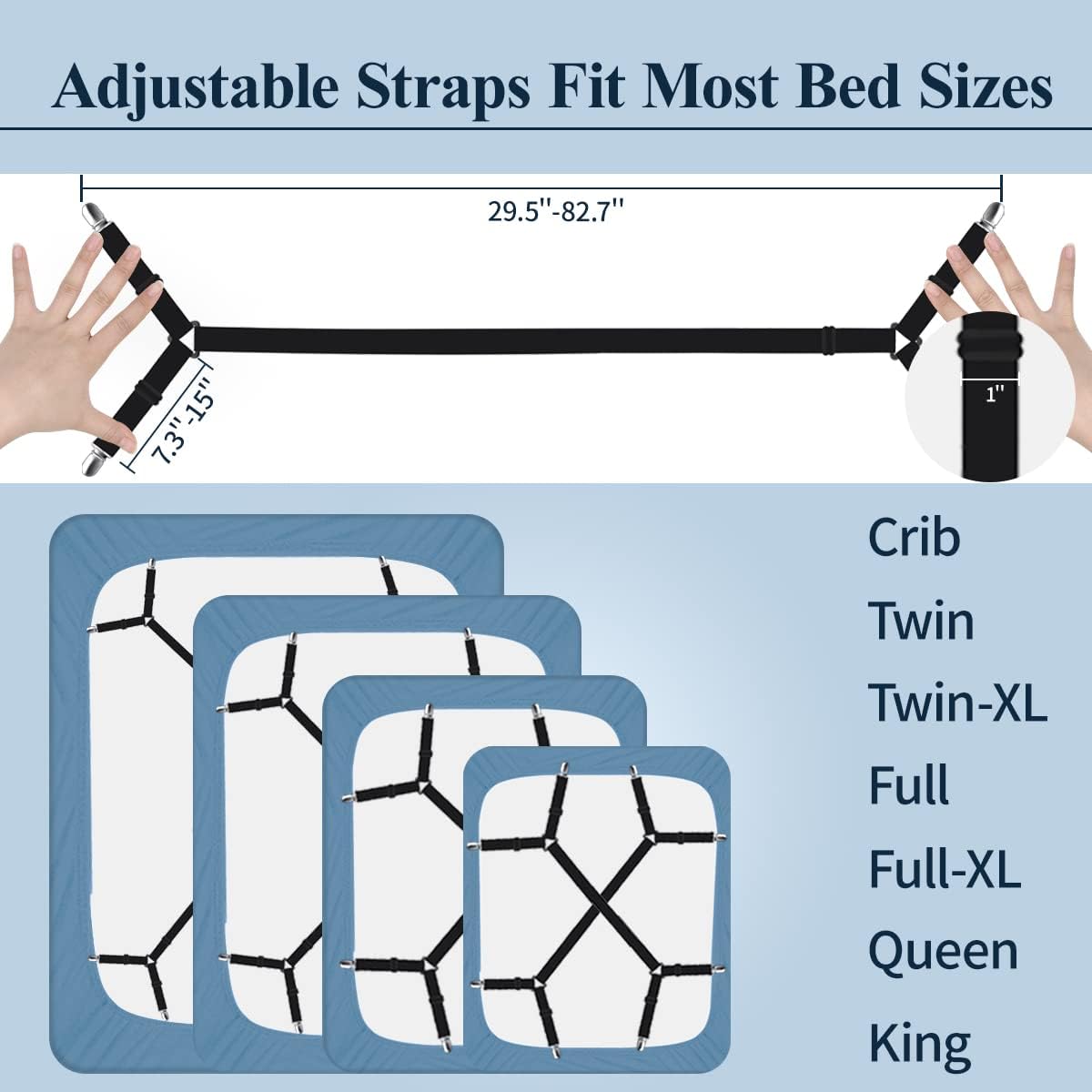 Sopito Sheet Straps, Adjustable Bed Sheet Suspenders Max Stretch from 29.5 in to 82.7 in Compatible for Crib to King Size Bed, Non Slip Holder Fasteners Clips, 2pcs/Black