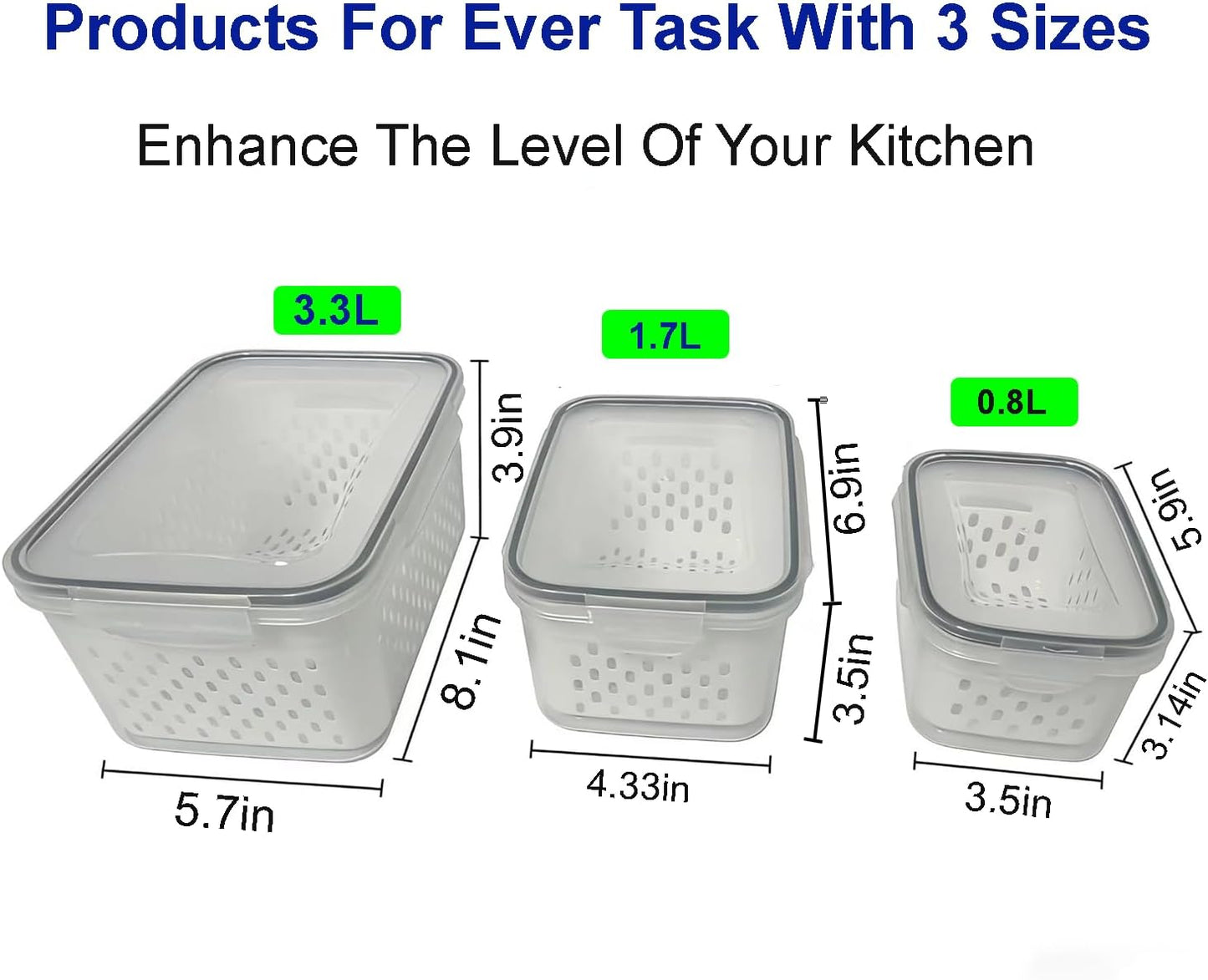 2-in-1 Stackable Food Storage Containers with Lids Airtight, 3 Size Fruit Vegetable Fresh-Keeping Saver with Drain Basket, BPA-Free Fridge Organizer for Berry, Salad, Meat & Produce