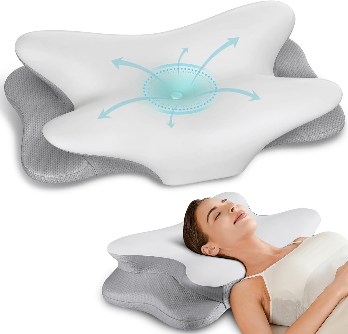 Cervical Pillow for Neck Pain Relief, Ergonomic Neck Pillow for Sleeping, Contour Pillow for Neck Support, Memory Foam Pillows for Side Back Stomach Sleepers(White&Grey)
