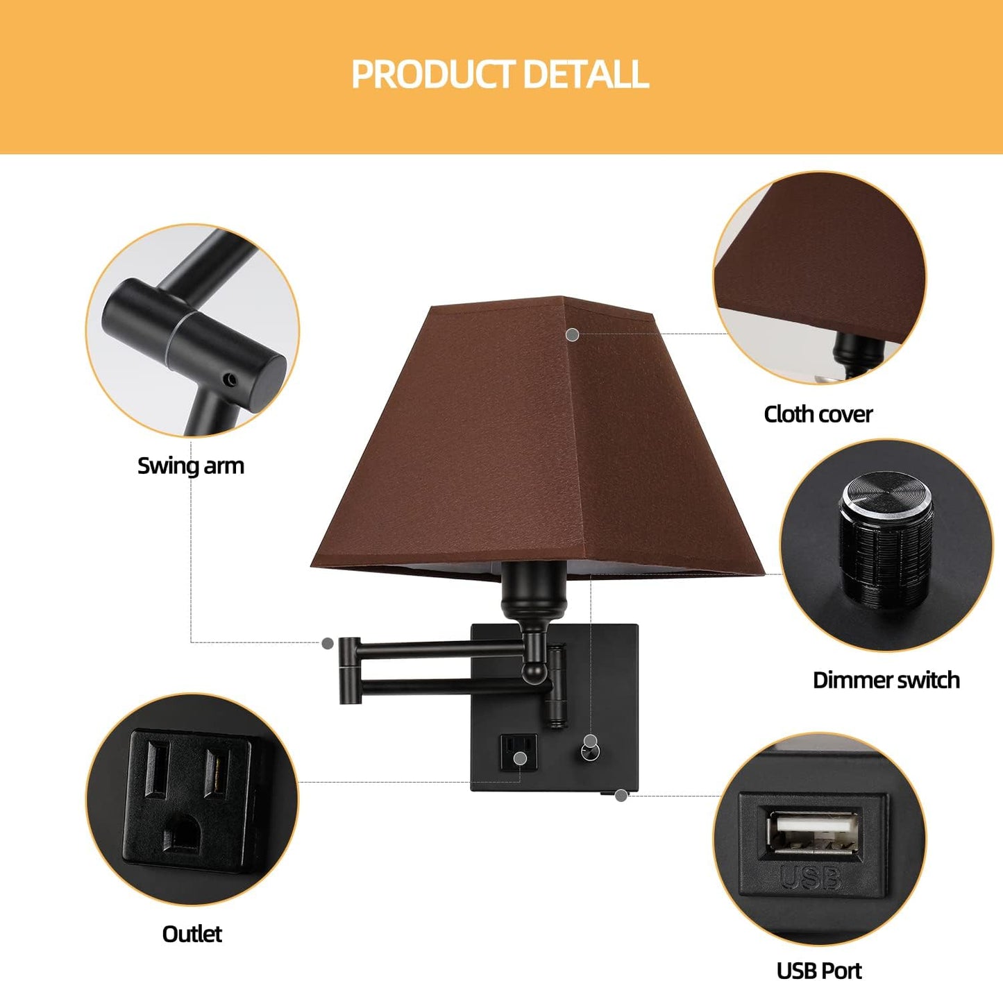 Wall Mounted Lamp Plug in Wall Sconce with Dimmable Switch Swing Arm Wall Lamp Whire Fabric Shade with USB Port Gold Wall Sconce Suitable for Hallway Bedroom Living Room…