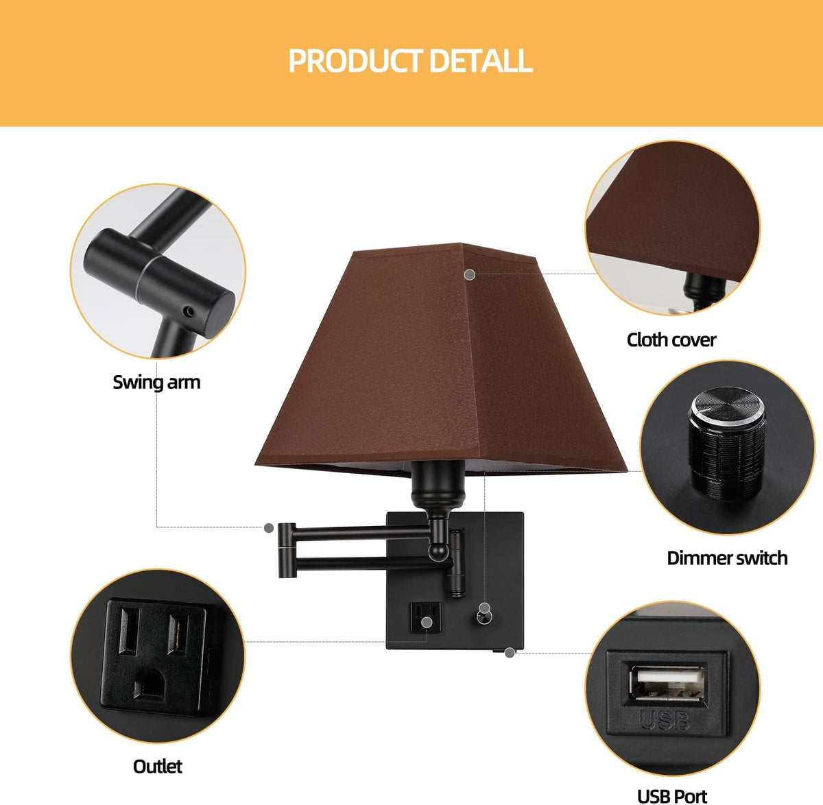 Wall Mounted Lamp Plug in Wall Sconce with Dimmable Switch Swing Arm Wall Lamp Whire Fabric Shade with USB Port Gold Wall Sconce Suitable for Hallway Bedroom Living Room…