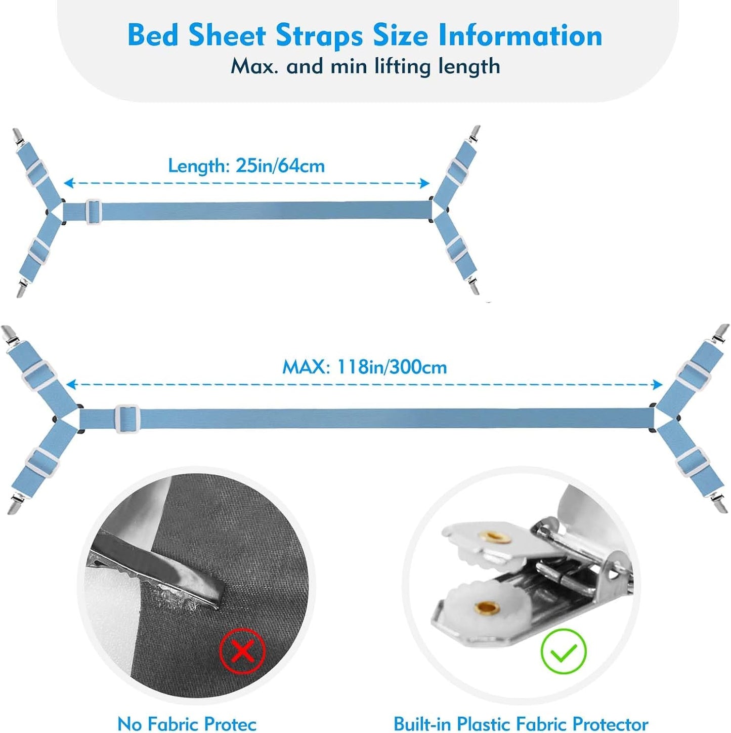 Bed Sheet Straps, 2Pcs Elastic Adjustable Bed Sheet Holder Straps, Fitted Sheet Straps to Hold Sheets in Place with Metal Clips, Sheet Holders for Mattress Cover, Sheet, Sofa Cushion (Black)