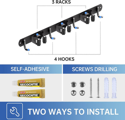 ZONGOOL 2 Pack Mop Broom Holder Wall Mount 4 Racks 5 Hooks Storage Black | 304 Rustproof Stainless Steel Broom Hanger, Non-Slip Wall Mount Organizer, Space Saving For Kitchen, Laundry, Garden