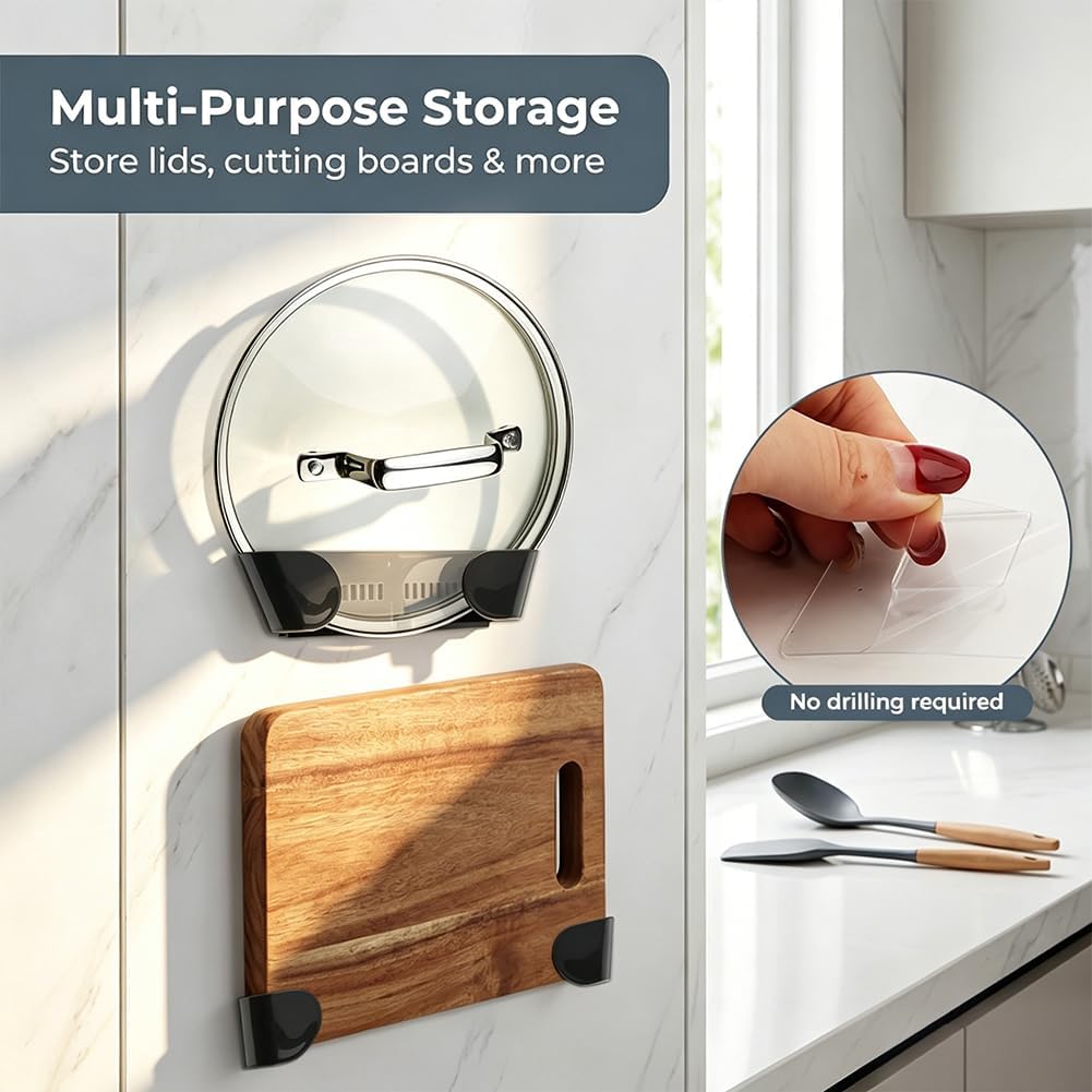 Adjustable Universal Pot Lid Holder Organizer for Cabinet, 4 Pcs Self Adhesive Wall Mount Pots Top Rack for Kitchen Cupboard Fit 7.87" to 10.63", Gray