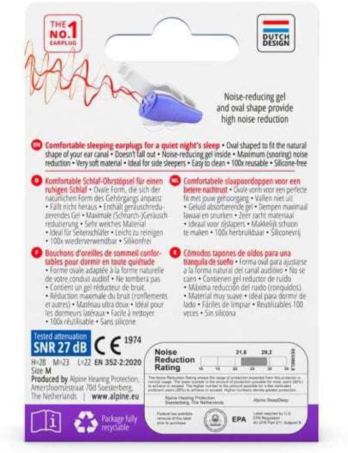 Alpine SleepDeep Earplugs for Sleeping – Side Sleepers & Snoring – Ultra-Soft Noise Reducing Earplugs – 27dB SNR – Hypoallergenic, Silicone-Free – 2 Pairs (S + L)