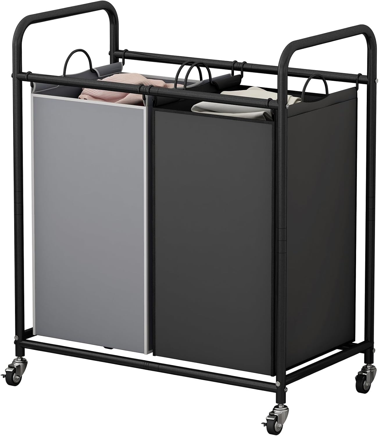 SUOERNUO Laundry Hamper with Lockable Wheels and 2 Removable Bags | Rolling Laundry Basket Laundry Sorter 2 section for Dirty Clothes in Laundry Room or Small Spaces, Grey+Beige