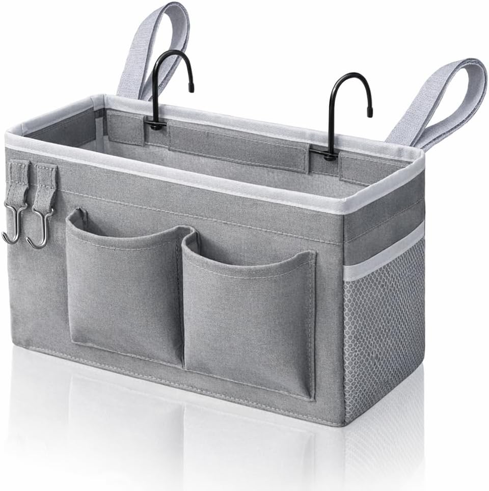 Kanrichu 1pcs Bedside Caddy Hanging Storage Bag, Organizer Baskets with Pockets for Bunk Bed Accessories, Loft & Dorm Rooms Chair Bed Rails (Grey-1pcs)