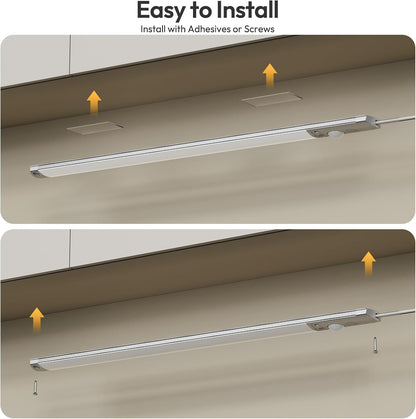 BLS 0.3" Ultra Thin Motion Sensor Under Cabinet Lights Plug in, 400LM 3 Color Dimmable LED Light Bar with Remote, USB Wired Under Counter Lighting for Kitchen Desk Shelf Workbench (No Battery), 14inch