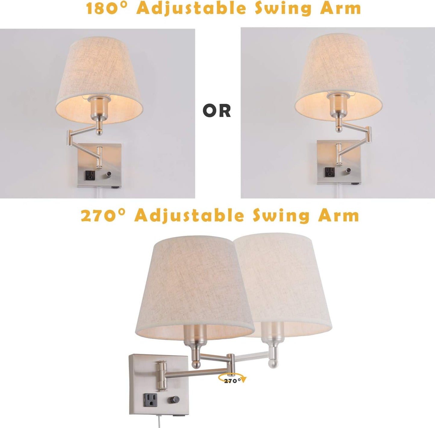 Bedside Wall Mount Light with Dimmable Switch and Outlet, Swing Arm Fabric Shade Wall Sconce Light with USB Port and Plug in Cord, Black Wall Lamp for Bedroom, Living Room and Hotel