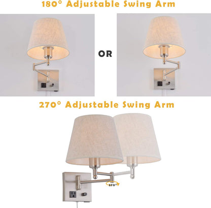 Bedside Wall Mount Light with Dimmable Switch and Outlet, Swing Arm Fabric Shade Wall Sconce Light with USB Port and Plug in Cord, Black Wall Lamp for Bedroom, Living Room and Hotel