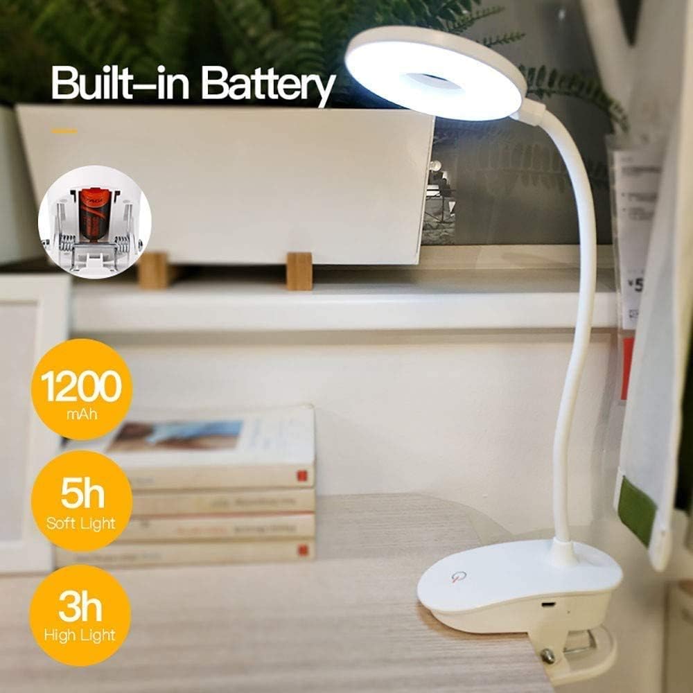 Clip on Reading Lamp, Battery Powered with 3 Brightness Levels, USB Rechargeable