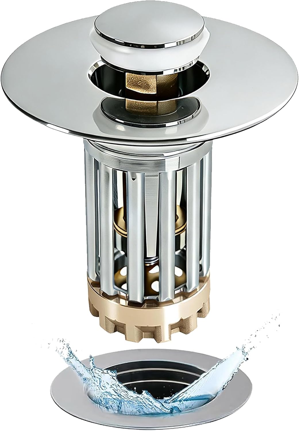 Anlige Bathroom Sink Drain Strainer, 3 in 1 Pop Up Bathroom Sink Stopper with Removable Brass Basket Hair Catcher, Universal Sink Plug for 1.06 to 1.6in Drain Hole, Chrome Silver