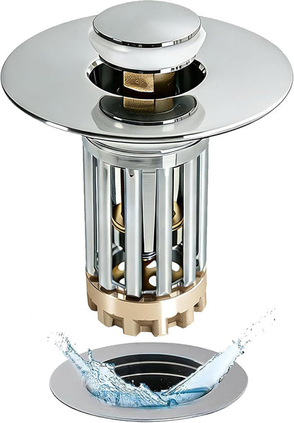 Anlige Bathroom Sink Drain Strainer, 3 in 1 Pop Up Bathroom Sink Stopper with Removable Brass Basket Hair Catcher, Universal Sink Plug for 1.06 to 1.6in Drain Hole, Chrome Silver