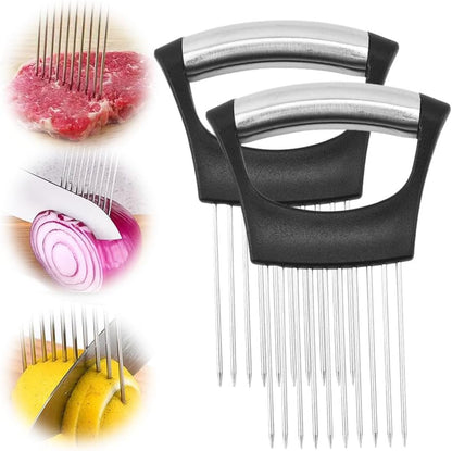 2026 New Onion Holder for Slicing, Stainless Steel Onion Slice Holder Vegetable Slicer Cutter for Potato and Tomato, Kitchen Chopper Slicing Assistant Tool Lemon Slicer Onion Cutter for Slicing (2PCS)