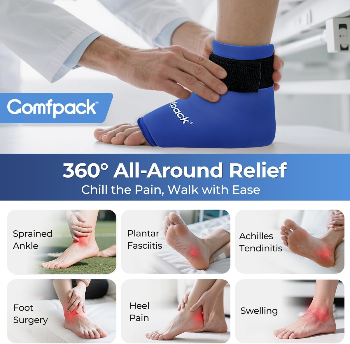 Comfpack Ankle Ice Pack Wrap - Reusable Hot & Cold Therapy | Flexible gel wrap for 360° foot pain relief, perfect for plantar fasciitis & sprains.