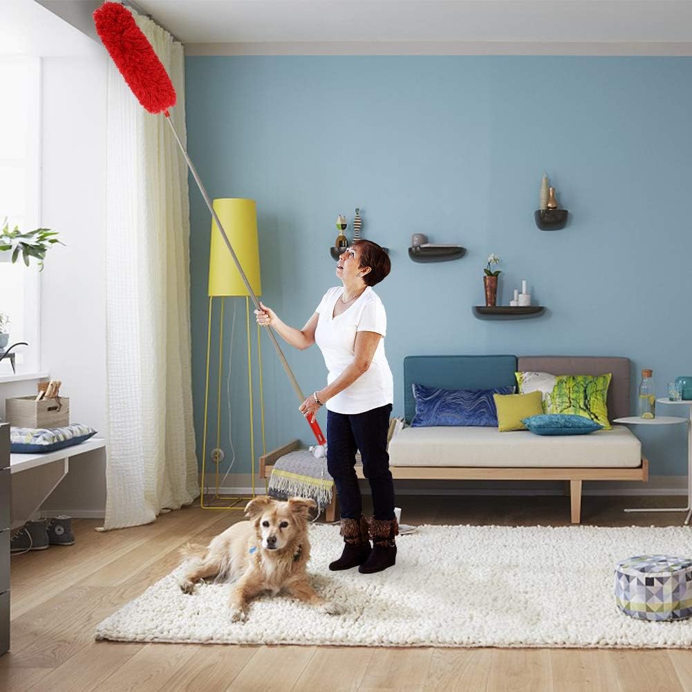 Cobweb Duster with Extension Pole 100 inches, Dusters for Cleaning with 2 Duster Heads, Washable Microfiber Feather Duster for Cleaning Ceiling Fan, High Ceiling, Blinds, Furniture & Cars