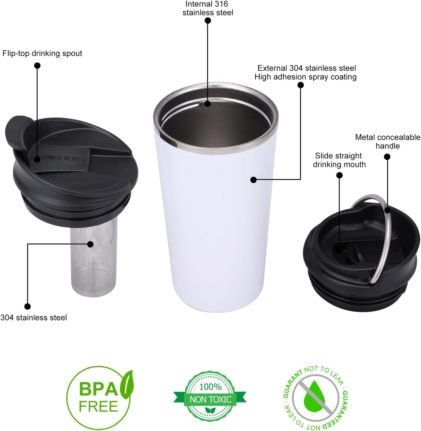 GiNT 17oz Travel Tea Mug with Infuser, 2 Lids. Vacuum Insulated 316 Stainless Steel Coffee Mug. Dishwasher Safe Tea Cup with Strainer for Hot & Cold Brew Coffee. Mothers Day Gifts for Mom (Green)