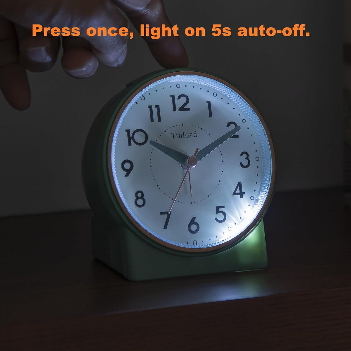 Tinload 4.3" No Ticking Analog Alarm Clock,Silent Readable for Seniors,Easy to Set,Gradual Rise Alarm,Big Numbers,On/Off Switch on Side,Gentle Wake,Snooze,Lighted on Demand,Battery Operated,Black