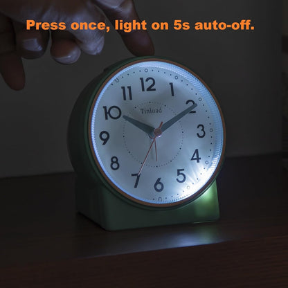 Tinload 4.3" No Ticking Analog Alarm Clock,Silent Readable for Seniors,Easy to Set,Gradual Rise Alarm,Big Numbers,On/Off Switch on Side,Gentle Wake,Snooze,Lighted on Demand,Battery Operated,Black