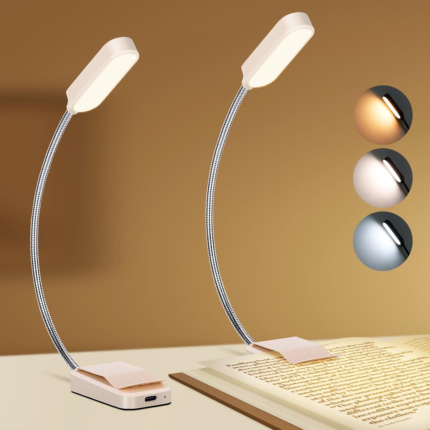 Book Light 2 Pack, Rechargeable Reading Lights for Books in Bed-Eye Caring 3 Colors, Stepless Dimming, 360° Flexible Studying Small Desk Lamp, Lightweight Clip-on LED Night Light for Book Lovers, Kids