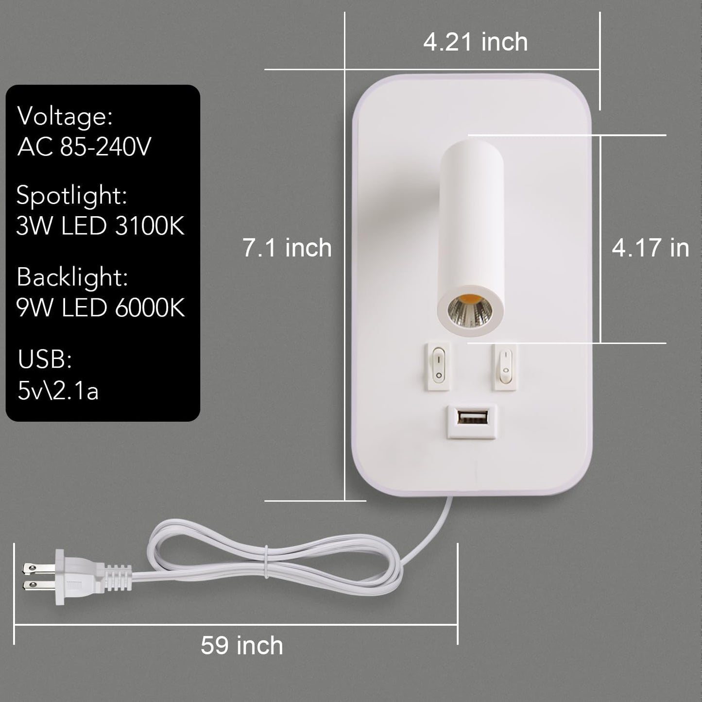Wall Mounted LED Reading Light for Bed Headboard, Bedside Wall Sconces USB Charging, Night Light for Bedroom, Ambient Lighting Wall Mounted Sconce for Bedroom, Plug-in or Hardwired, Black