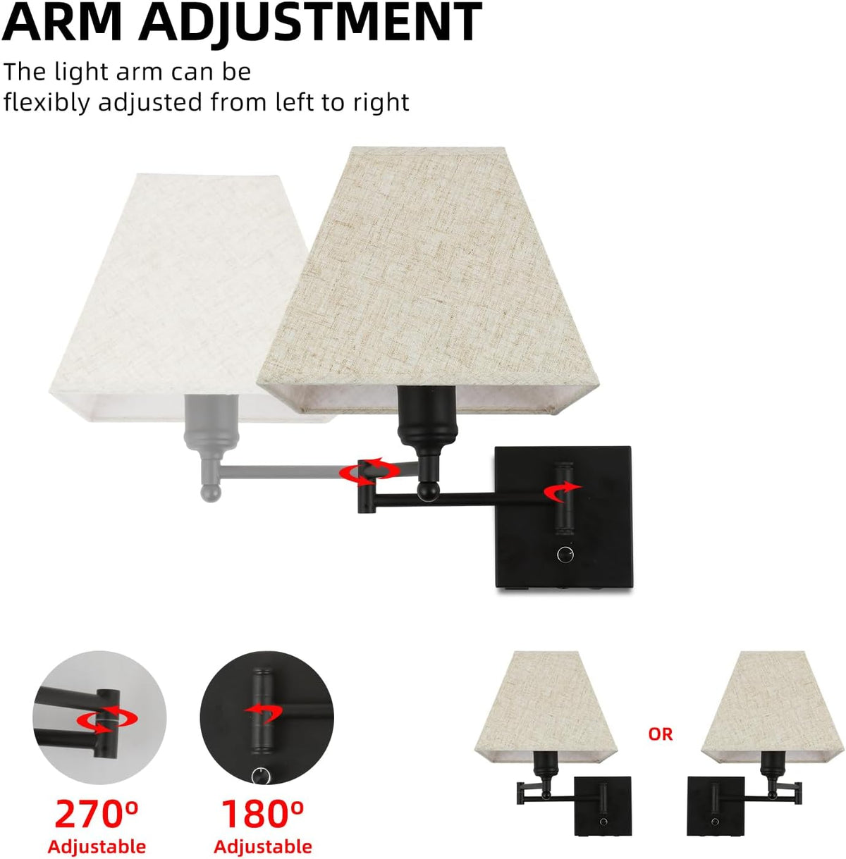 Wall Mounted Lamp Plug in Wall Sconce with Dimmable Switch Swing Arm Wall Lamp Whire Fabric Shade with USB Port Gold Wall Sconce Suitable for Hallway Bedroom Living Room…