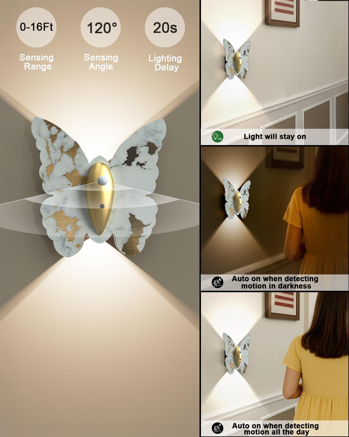 Eneru Motion Sensor Wall Sconce Set of 2, Rechargeable Wall Lights, Indoor