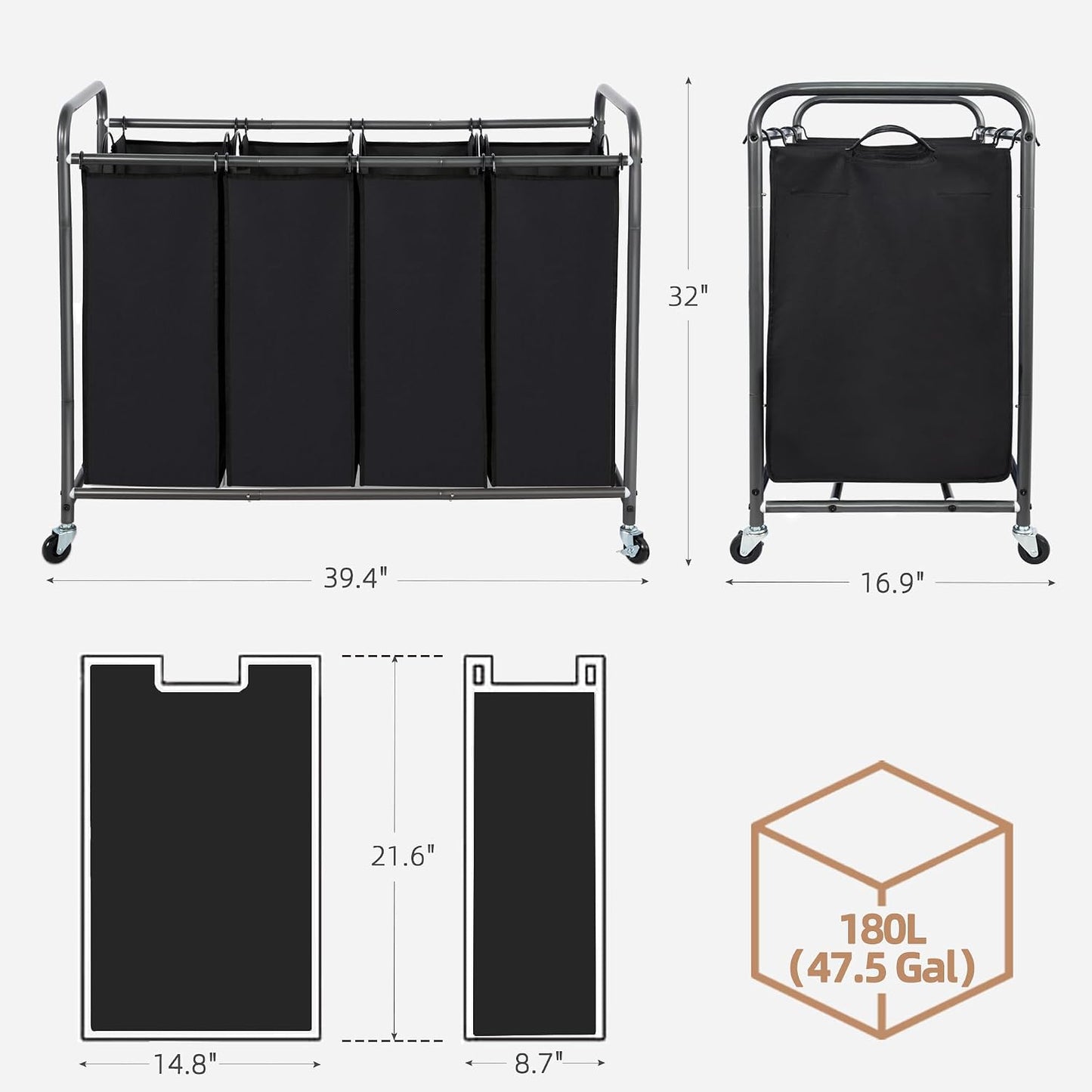 STORAGE MANIAC 3 Section Laundry Sorter, 35.6 Gal (135 L) Laundry Hamper Cart with Heavy Duty Rolling Lockable Wheels and Removable Bags, Clothes Organizer Basket Separator Hamper, Gray