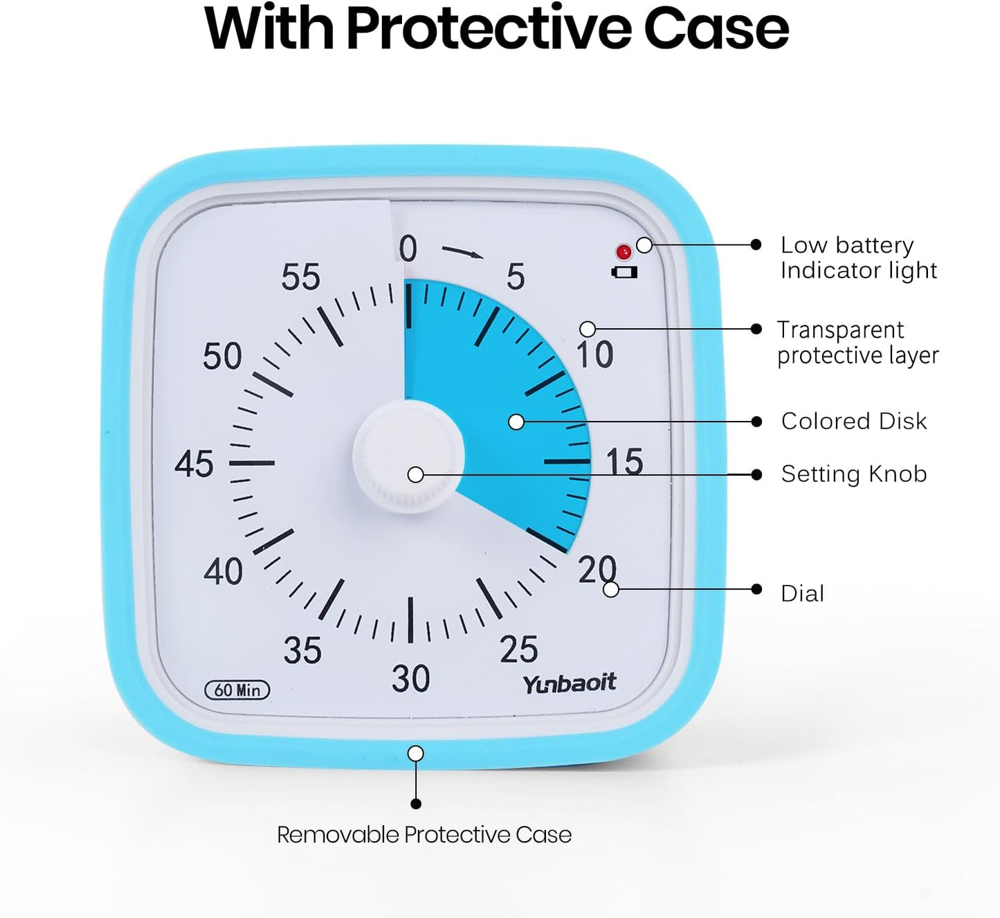 Yunbaoit Rainbow Visual Timer for Kids, 60-min Countdown Timer, Blue | Protective Case, No Ticking, Mute and Ringing Alarm Available, Time Management Tool, Low Power Reminder, for Study,Game,Work