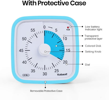 Yunbaoit Rainbow Visual Timer for Kids, 60-min Countdown Timer, Blue | Protective Case, No Ticking, Mute and Ringing Alarm Available, Time Management Tool, Low Power Reminder, for Study,Game,Work