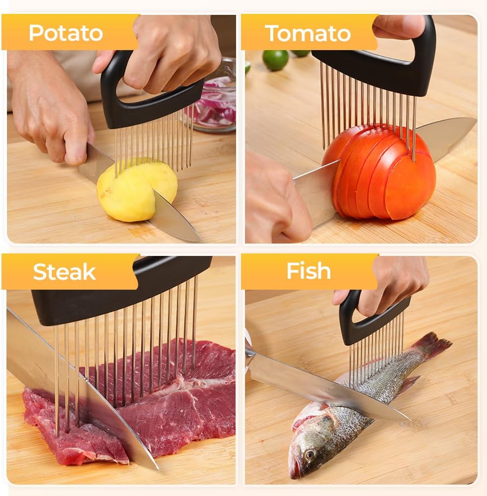Onion Holder for Slicing, Stainless Steel Onion Slicer Holder, 2025 New Upgraded Tamato Slicer Vegetable Cutter Kitchen Gadeget Chopper Assistant Tool for Potato Lemon Fruit and Meat (2pcs)