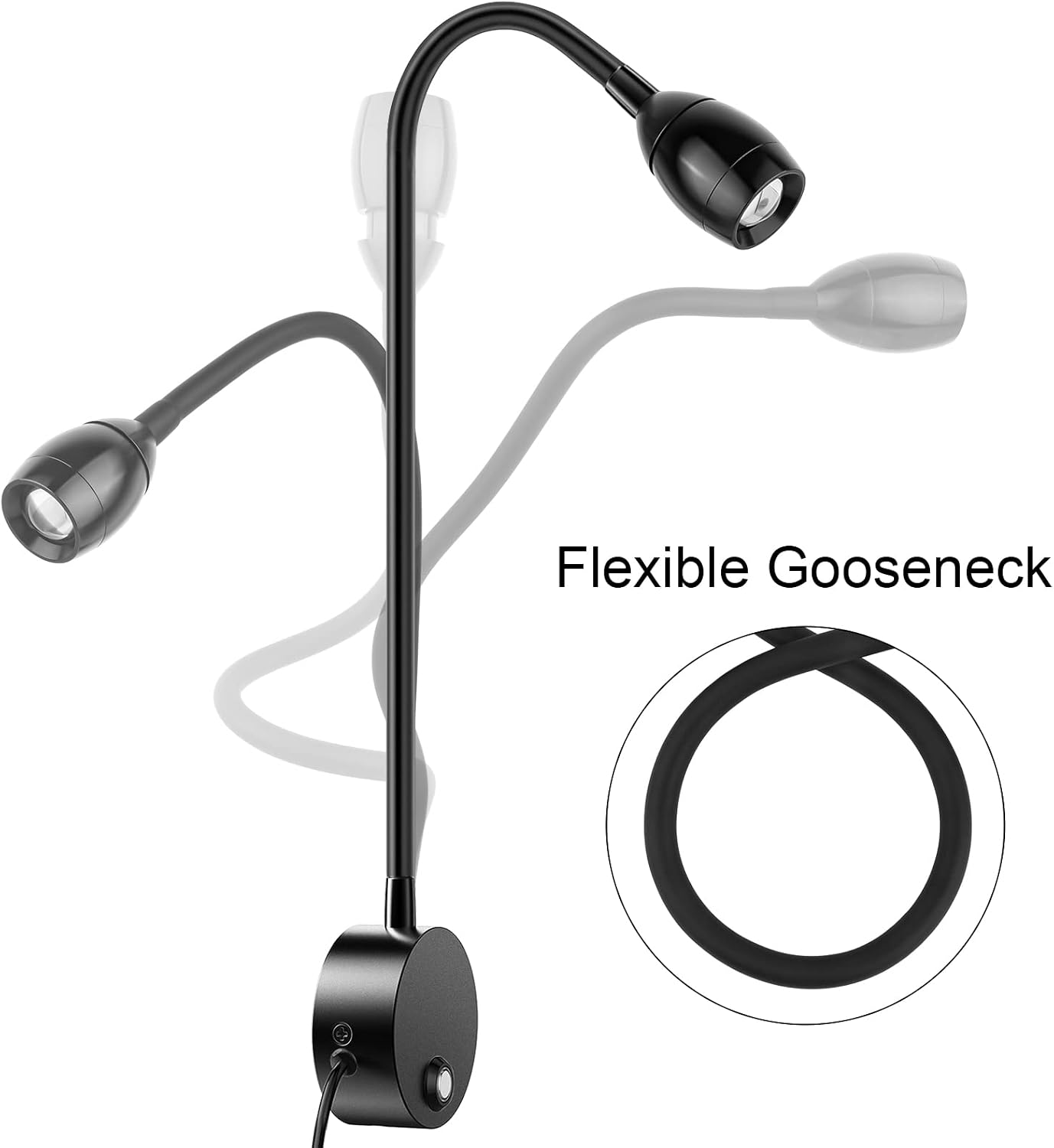 Wall Mounted LED Reading Light with 15" Flexible Gooseneck, Dimmable Book Light for Reading In Bed with USB Charging Port, Plug In Headboard Night Lights, 3 Colors Temperature, Touch Control-2 Pack