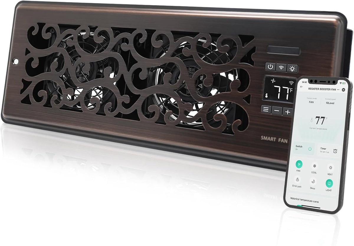 Howeall 4" x 10" Super Quiet Register Booster Fan - Upgrade Smart Register Vent with Ionizer and Dual Intelligent Thermostat Control - Heating Cooling Vent Fan Booster - Charleston Design (ORB)