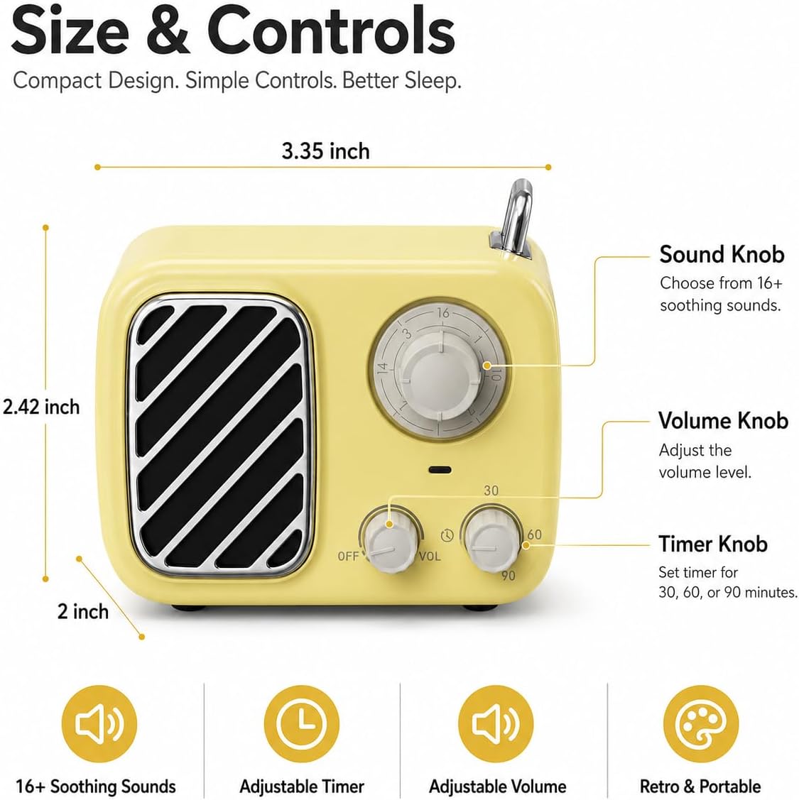 Portable White Noise Machine with Rich Sound, Non-Looping Sleep Sounds,Yellow