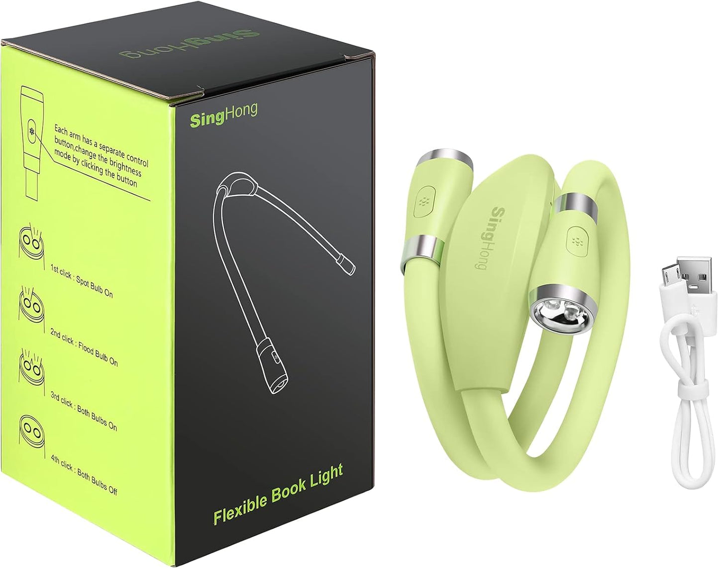 Neck Book Light LED Reading Lamp USB-C Rechargeable, Hands Free, 4 LED Bulbs, 4 Adjustable Brightness, for Reading in Bed or Reading in Car (Green)